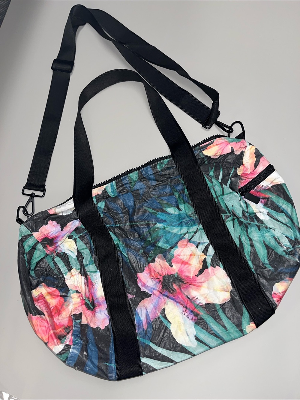 ALOHA Collection Black Floral Travel Duffel with Pink and Green Accents
